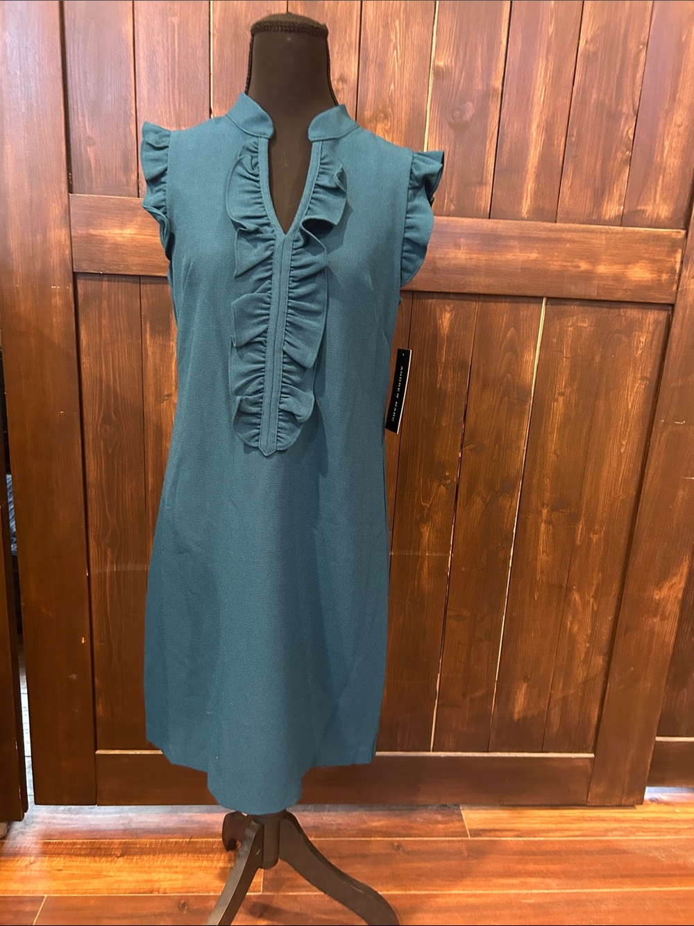 Andrew Marc Teal Ruffle Front Sleeveless Midi Dress